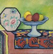 Still-life with bowl of apples and japanese fan